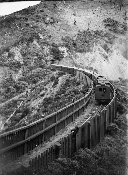 Fell engine and train exiting Siberia Tunnel on the Rimutaka Incline