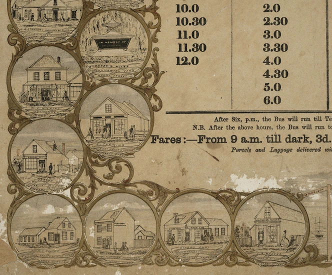 [Artist unknown] :Timetable of the Dun Mountain bus running between Nelson and the port. [Horse-drawn bus. Nelson, C. & J.T. Bray, 1867?]