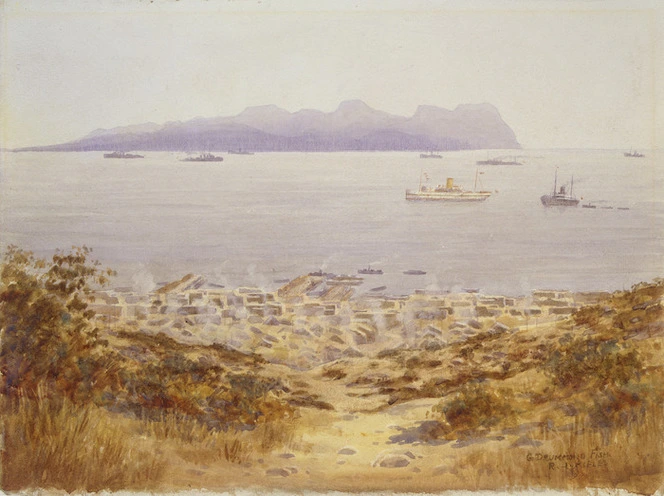 Drummond-Fish, George, 1876-fl.1938 :[Anzac Bay, troopships, hospital ship and stores looking towards Imbros]. 1915.
