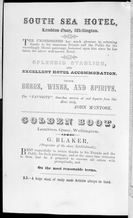 Page from Bull's Wellington Almanack and mercantile directory of 1866, with advertisements for the South Sea Hotel, and for the Golden Boot shoe store, both on Lambton Quay, Wellington