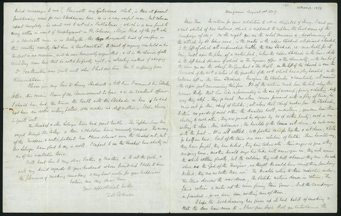 Letter including sketch of Stockades at Wanganui from Shakespeare Cliff