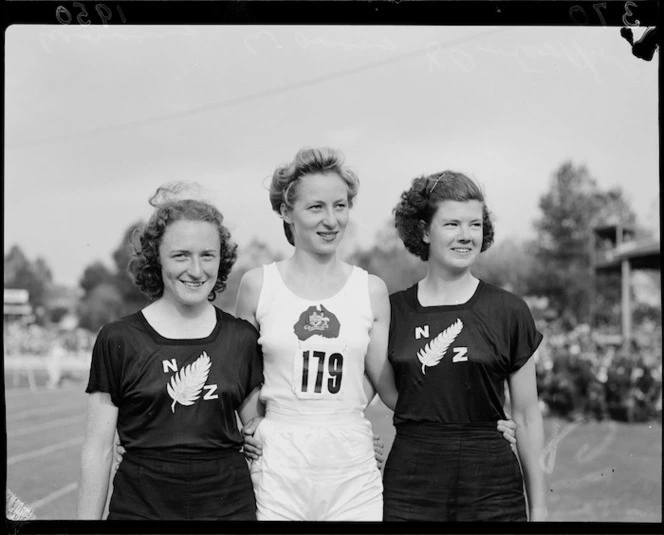 Winners of the women's 80-metres hurdles, 1950 British Empire Games, Eden Park, Auckland