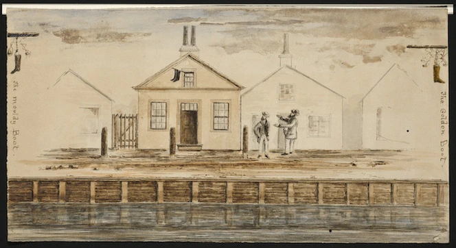 Pearse, John, 1808-1882 :Lambton Quay, Wellington. The Mouldy Boot. The Golden Boot. [1852?]