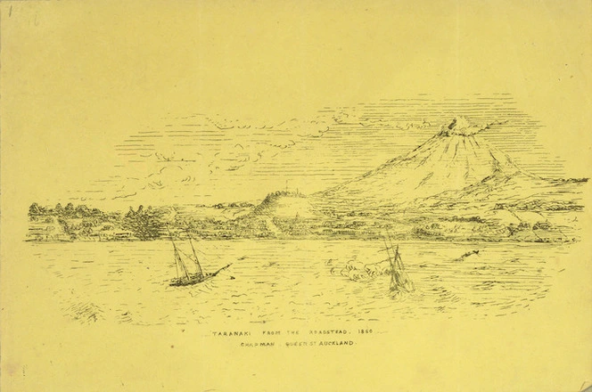 Stewart, John Tiffin 1827-1913 :Taranaki from the roadstead, 1850 / Chapman [lith.]. - Auckland ; [Chapman], [ca.1858]