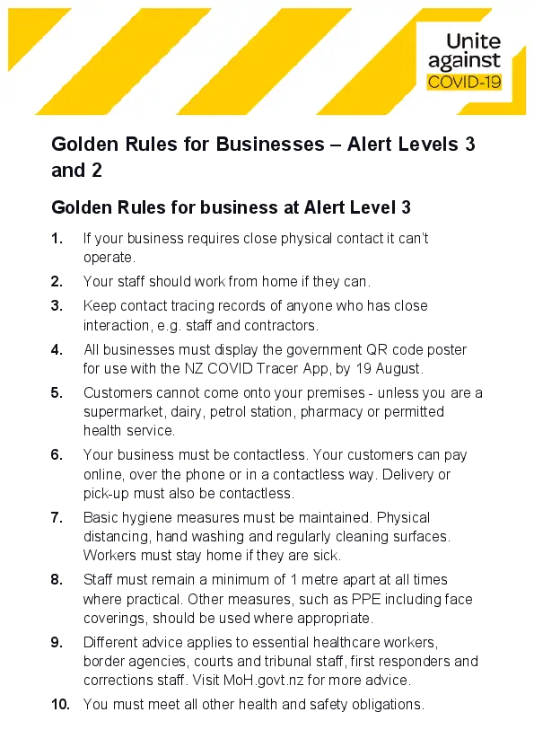 Golden rules for businesses : alert levels 3 and 2.