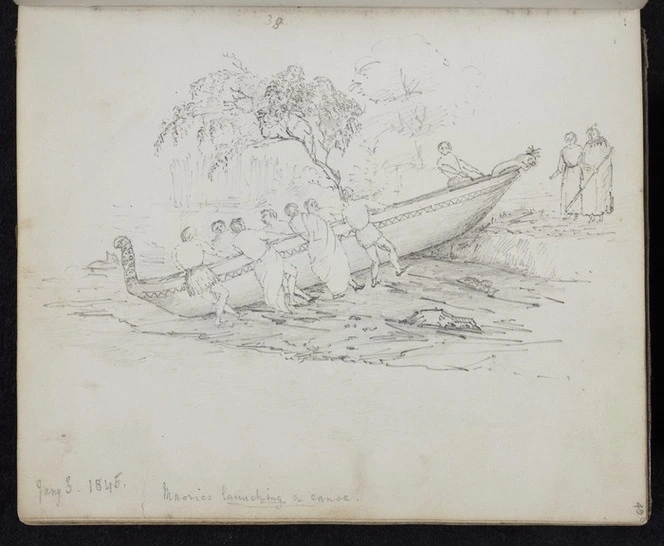 (38) Maories launching a canoe