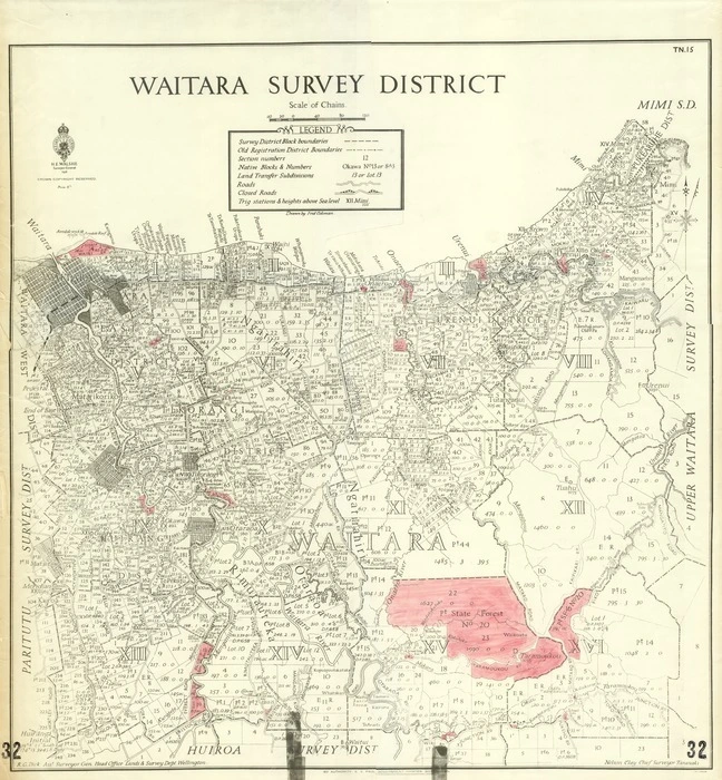 New Zealand. Department of Lands and Survey : Waitara Survey District [map with ms annotations]. 1938.
