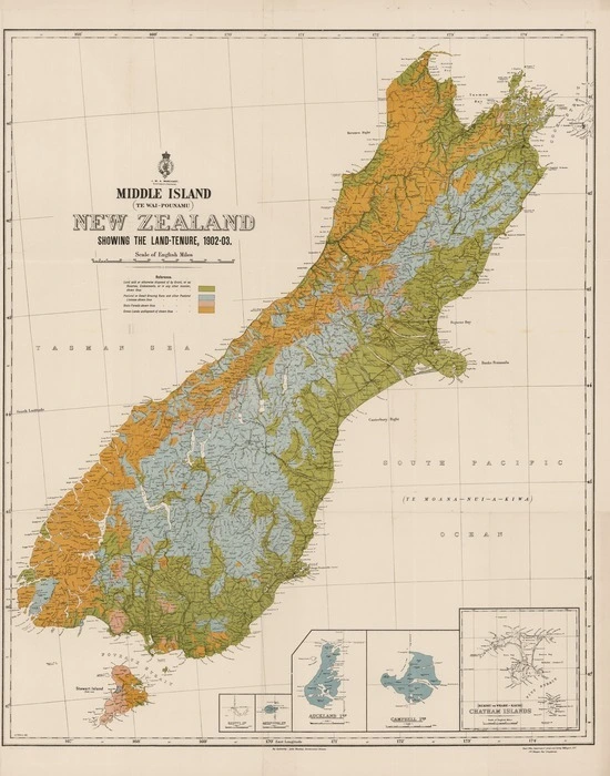 New Zealand. Department of Lands and Survey : Middle Island (Te Wai-Pounamu) New Zealand - showing the land-tenure, 1902-03 [map]. 1903