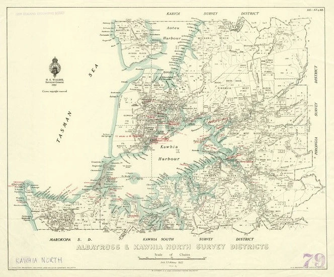 New Zealand. Department of Lands and Survey :Albatross & Kawhia North Survey Districts [map with ms annotations]. 1933