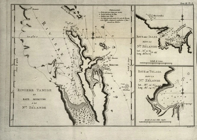 Cook, James, 1728-1779 :Riviere Tamise et Bay Mercure a la Nle Zelande [facsimile]. [1774]