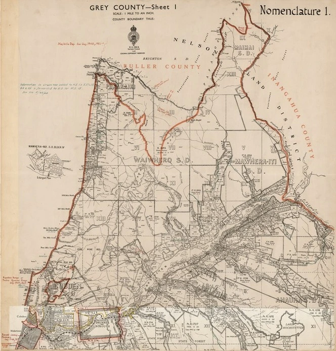 New Zealand. Department of Lands and Survey : Grey County - Sheet 1 [map with ms annotations]. 1948