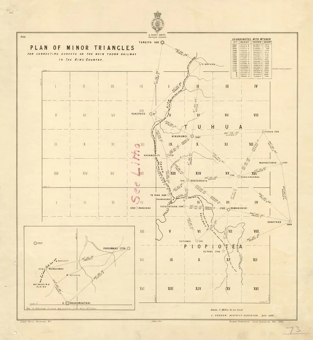 New Zealand. General Survey Office : Plan of minor triangles for connecting surveys on the Main Trunk Railway in the King Country [map with ms annotations]. 1889