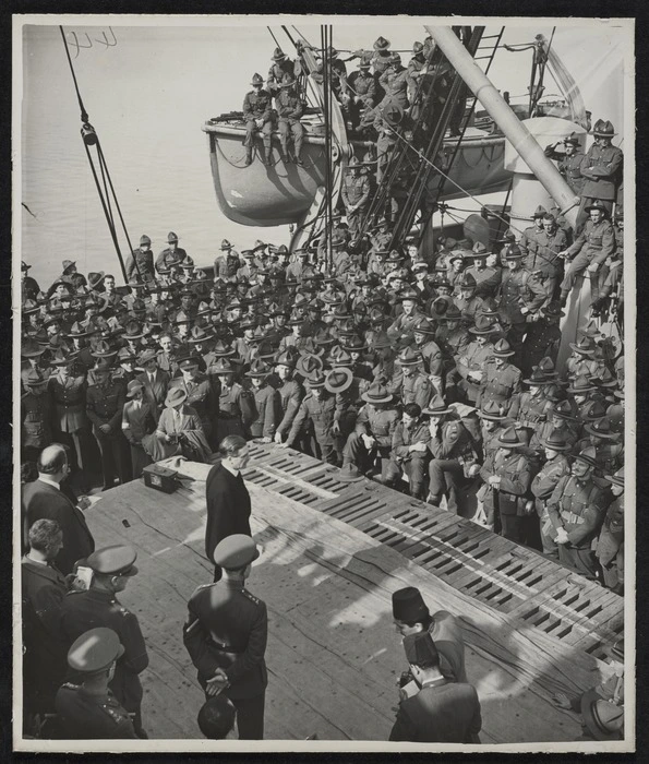 The Central Press Photos Ltd :Photograph of British Secretary of State for Foreign Affairs, Anthony Eden, addressing troops of 2NZEF as they arrive at Port Tewfik, Egypt