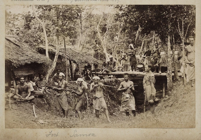 Group with guns outside a fort, Samoa