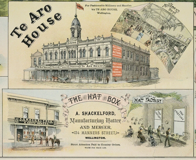 F W Niven & Co. :Te Aro House Millinery Dept; The Hat Box, A Shackelford [ca 1895]