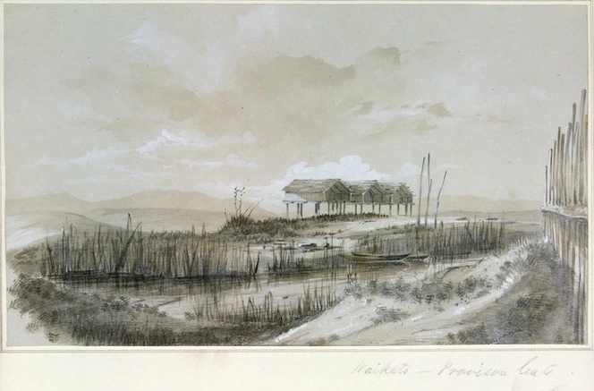 Mitford, John Guise, 1822-1854 :Waikato - Provision huts. [1844]