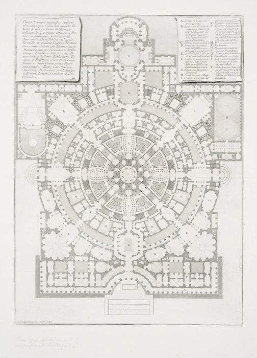 Piranesi, Giovanni Battista, 1720-1778 :Pianta di ampio magnifico collegio formata sopra l'idea dell'antiche Palestre de'Greci, e Terme de'Romani ... Giambattista Piranesi inventore scolpi [1750]