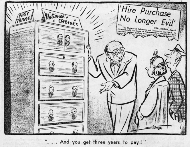 Scales, Sydney Ernest, 1916-2003 :'Hire purchase no longer evil'. "...and you get three years to pay!" [9 August, 1957]
