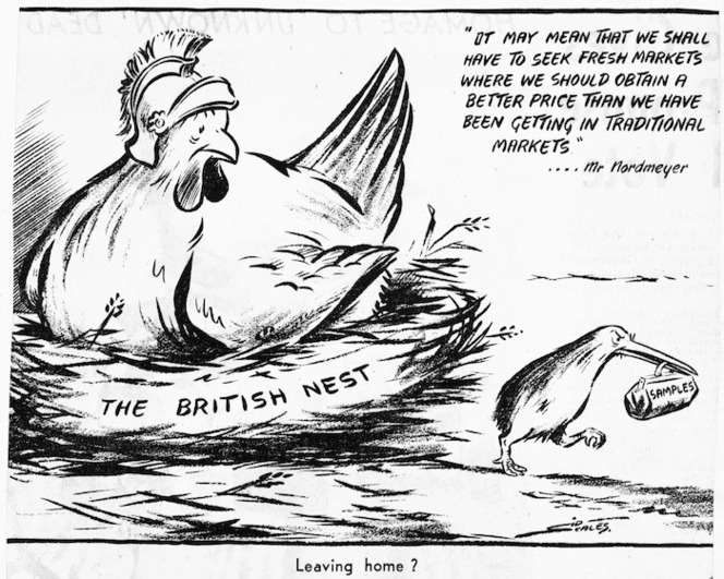 Scales, Sydney Ernest, 1916-2003 :'"It may mean that we shall have to seek fresh markets where we should obtain a better price than we have been getting in traditional markets" ...Mr Normeyer'. 'Leaving home?' Otago Daily Times, 6 June, 1958