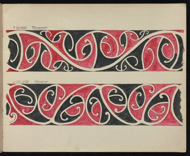 Godber, Albert Percy, 1876-1949 :[Drawings of Maori rafter patterns]. 1. MA3. 3W. "Mangopare" at Kaiti, Gisborne, about 1849. [and] MA5. 5W. "Ngutukura". [1939-1947].