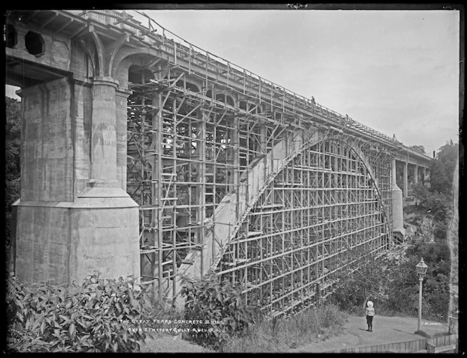 The concrete Grafton Bridge under construction, Auckland