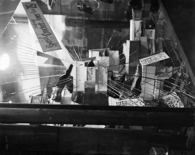 Broken shop window of Brady's Boot Shop, Lambton Quay, Wellington, after a riot