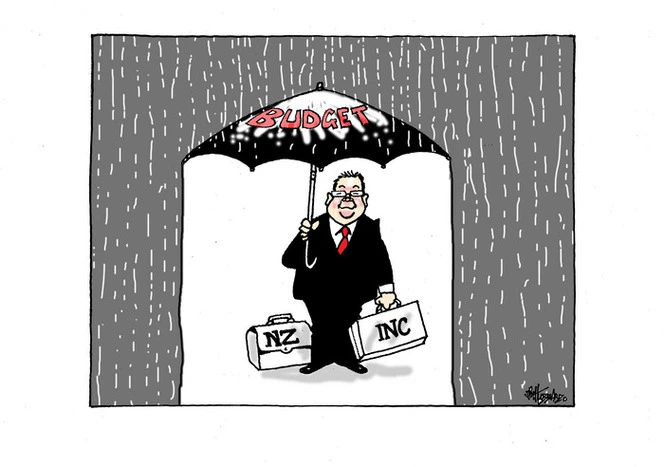 [Finance Minister Grant Robertson holding a budget umbrella in heavy rain]