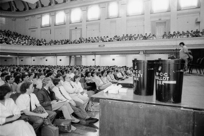 Angela Foulkes addressing a meeting of trading bank staff - Photograph taken by Merv Griffiths