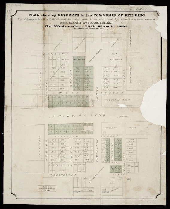 Plan showing reserves in the township of Feilding ... to be sold by the Colonists' Land and Loan Corporation, Limited / Frank Owen, surveyor.