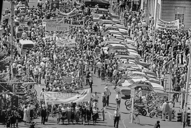 Polish Solidarity marchers in Civic Square, Wellington - Photograph taken by Phil Reid