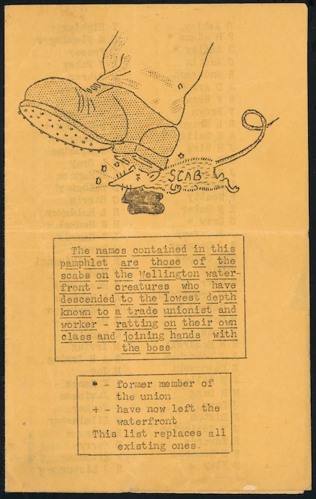 [New Zealand Waterside Workers' Union?] :Scab; the names contained in this pamphlet are those of the scabs on the Wellington waterfront - creatures who have descended to the lowest depth known to a trade unionist and worker - ratting on their own class and joining hands with the boss [1951. Front cover]