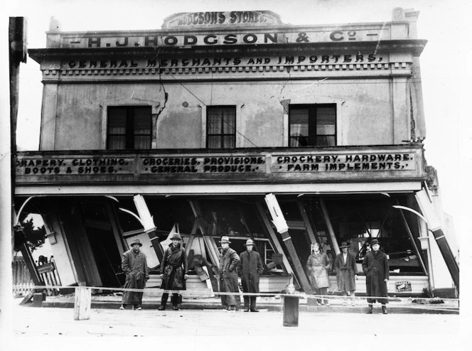 Earthquake damaged business premises of H J Hodgson & Co in Murchison