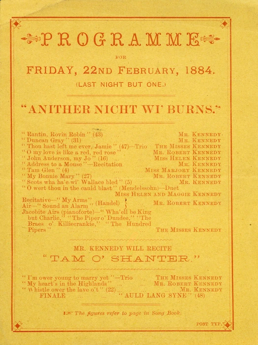 Kennedy Family :Programme for Friday, 22nd February 1884 (Last night but one). Anither nicht wi' Burns".