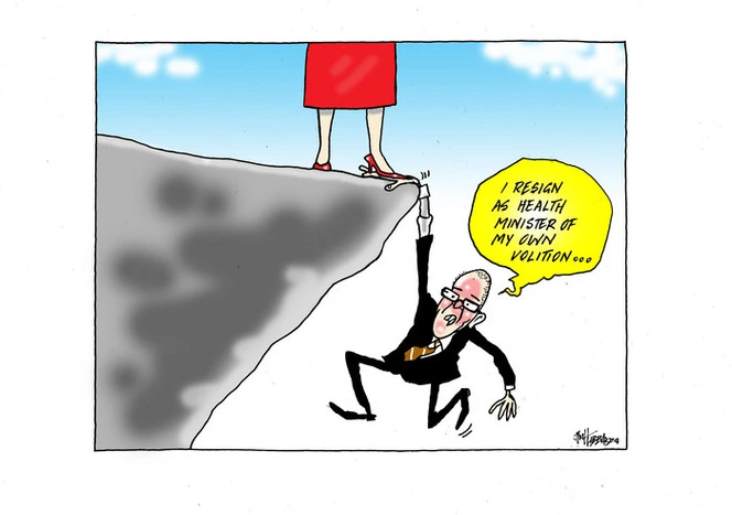 David Clark says "I resign as Health Minister of my own volition…" as he hangs over a cliff by one hand which is being stood on by a woman in a red skirt and red shoes