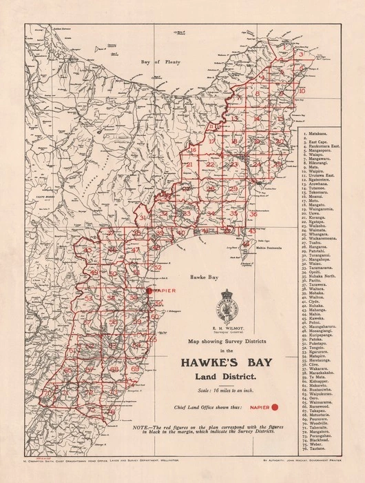 Map showing survey districts in the Hawke's Bay Land District.