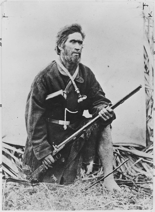 Wiremu Tamihana Tarapipipi Te Waharoa with a double barreled shot-gun - Photograph taken by C H Monkton