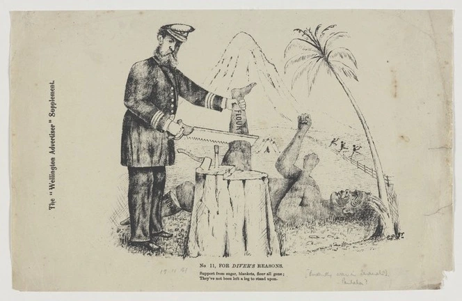 Pharazyn, Edward, 1835-1890 :For diver's reasons. No. 11. Support from sugar, blankets, flour all gone; They've not been left a leg to stand upon. The Wellington Advertiser supplement, 19 November 1881.