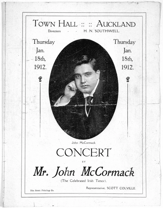 Town Hall Auckland: Concert by Mr John McCormack (the celebrated Irish tenor) Thursday Jan[uary] 18th, 1912. [Cover]