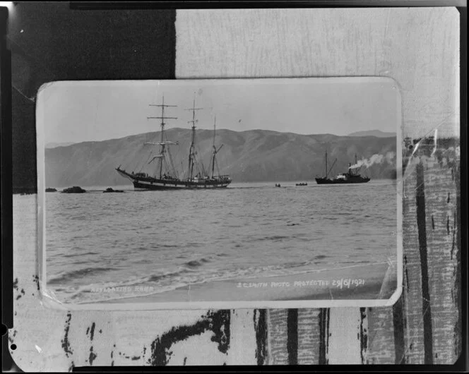 Barque Rona stranded on rocks at Barretts Reef, Seatoun