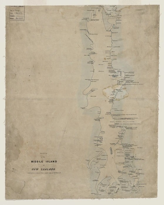 [Creator unknown] :Sketch of the Middle Island of New Zealand [ms map]. Reduced from original Maori sketch made for Mr Halswell. [ca 1841-2].