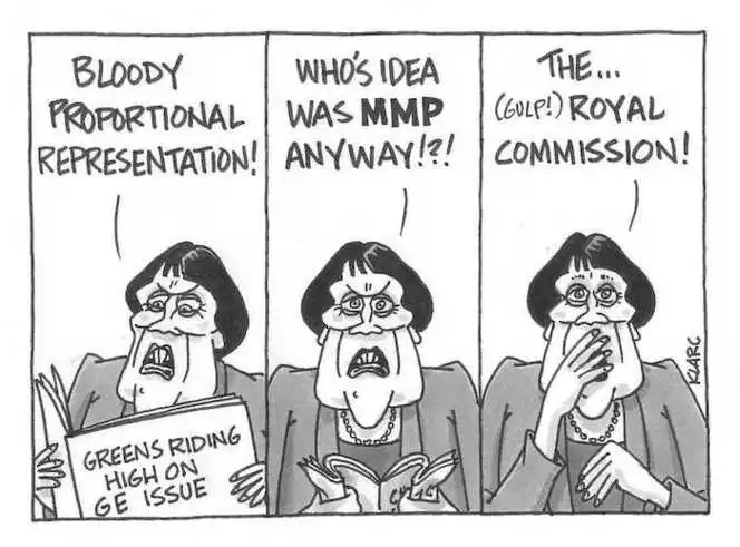 Greens riding high on GE issue. "Bloody Proportional Representation! Who's idea was MMP anyway!?! The... (gulp!) Royal Commission!" July, 2002