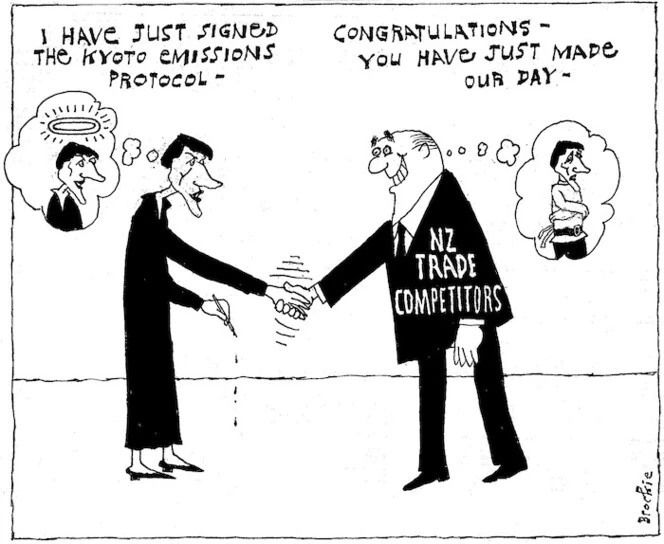 Brockie, Robert Ellison, 1932- :'I have just signed the Kyoto Emissions Protocol -' 'Congratulations - you have just made our day -' National Business Review. 13 December 2002