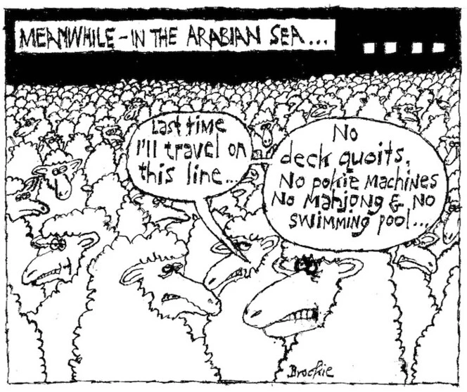 Brockie, Robert Ellison, 1932- :Last time I'll travel on this line... No deck quoits, no pokie machines, no mahjong & no swimming pool... National Business Review, 17 October, 2003.