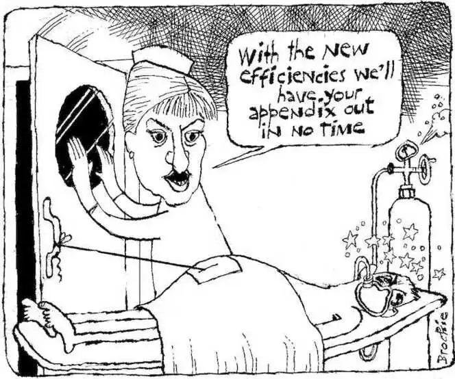 Brockie, Robert Ellison 1932-:With the new efficiencies we'll have your appendix out in no time. National Business Review, 1 June 2001.