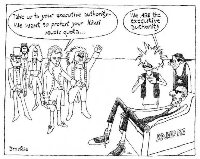 Brockie, Robert Ellison 1932- :'Take us to your executive authority - we want to protect your kiwi music quoto...' 'We are the executive authority.' National Business Review. 28 March, 2002.