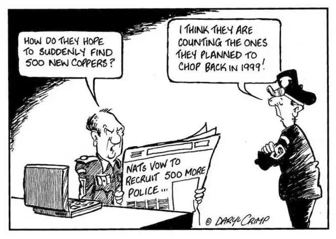 Crimp, Daryl, 1958- :Nats vow to recruit 500 more Police... 'How do they hope to suddenly find 500 new coppers?' 'I think they are counting the ones they planned to chop back in 1999!' 29 May 2002.