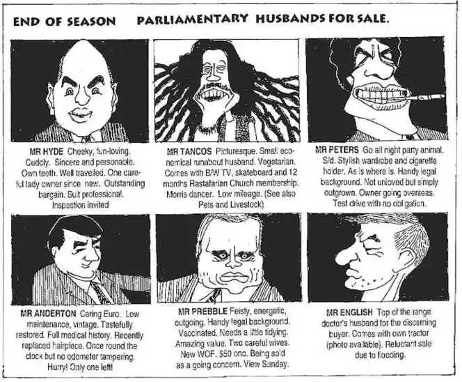 Brockie, Robert Ellison, 1932- :'End of season Parliamentary husbands for sale.' National Business Review, 7 December 2001.