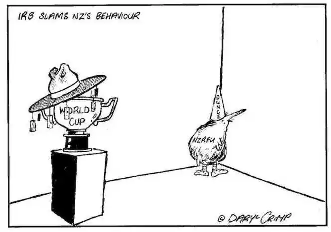 Crimp, Daryl 1958- :IRB Slams NZ's Behaviour. World Cup. NZRFU. Dunce. Approximate publishing date 22 April 2002.