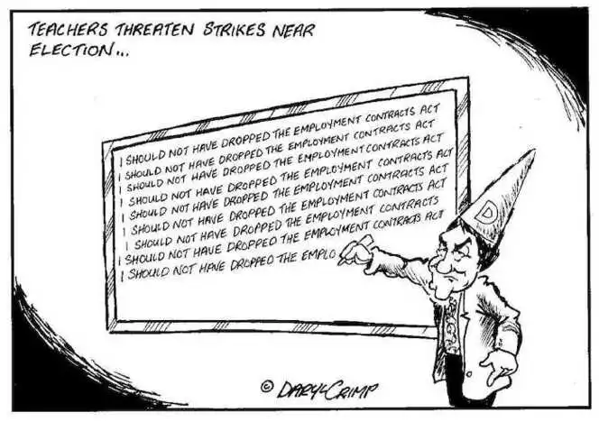 Crimp, Daryl, 1958- :Teachers threaten strikes near election... I should not have dropped the Employment Contracts Act (written 9 times). 18 June, 2002.