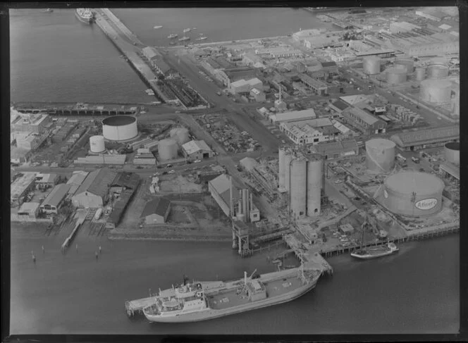 Cement silos on the western wharf, Auckland